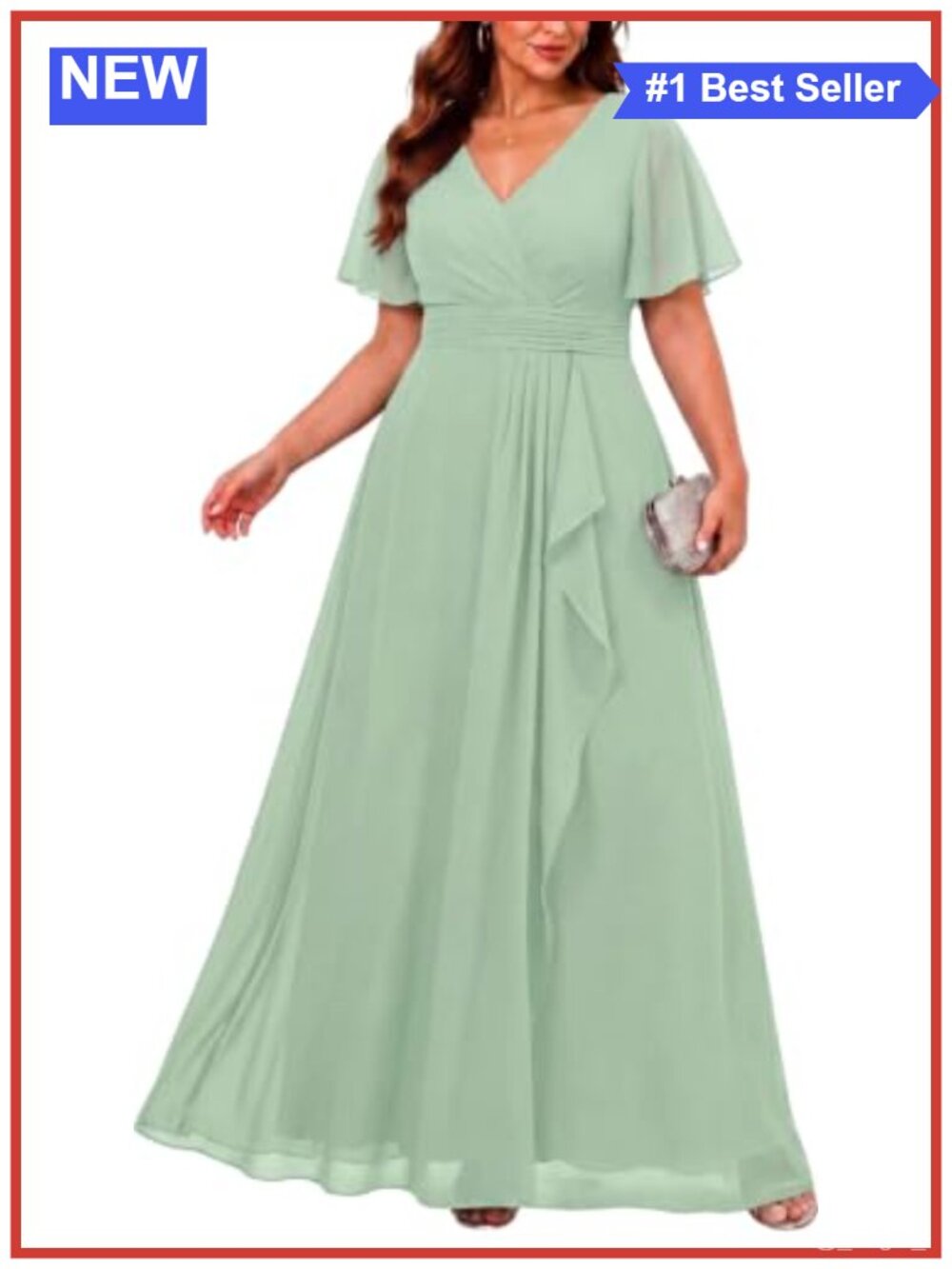 Plus Size Chiffon Formal Dress V Neck Ruffle Short Sleeve Floor Length